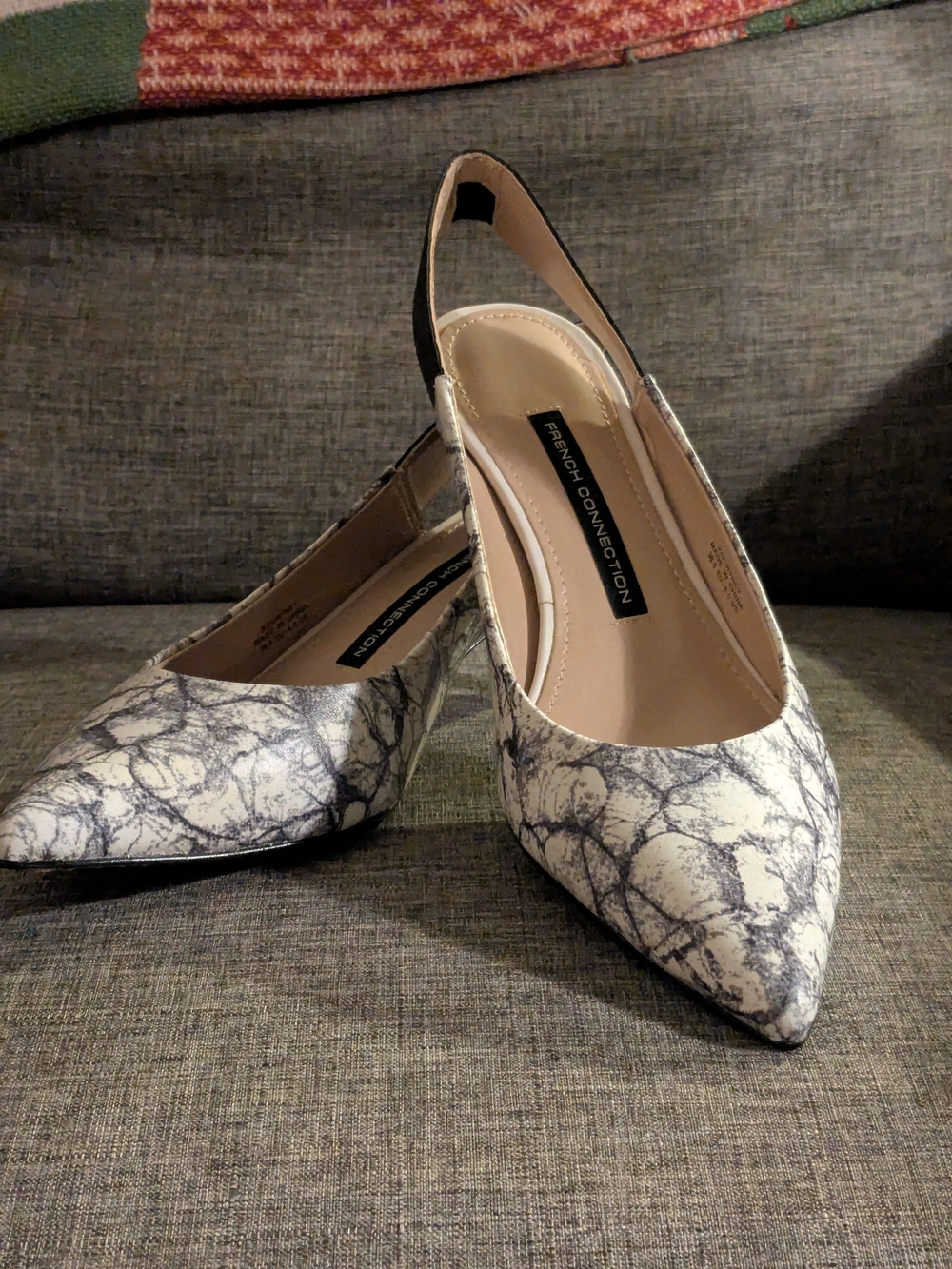 French Connection White Marble-Print Slingback Pointed-Toe Pumps